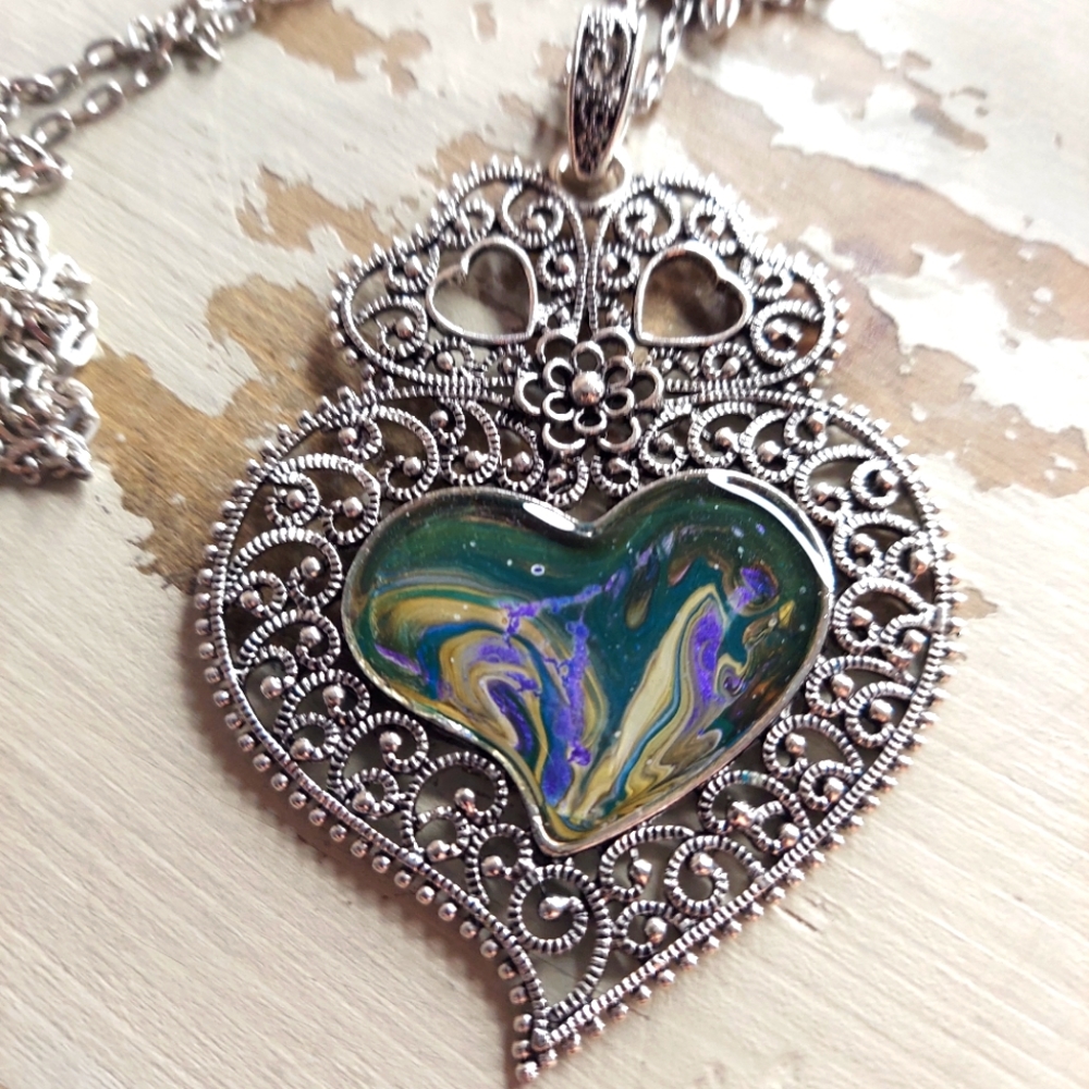 Handcrafted New Limited Edition Heart Pour Painted Antique Looking Necklace.